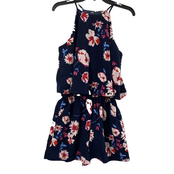 Mudpie  Jumpsuit Womens Small Blue Pink Tropical Romper Shorts Pockets Summer - Picture 1 of 10